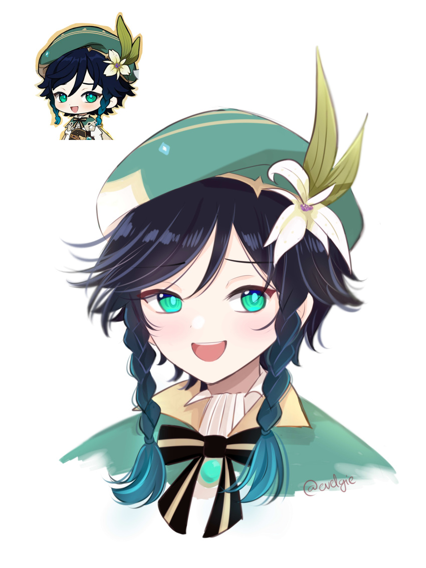 1boy absurdres androgynous aqua_eyes aqua_hair beret black_hair braid chibi collared_cape commentary derivative_work english_commentary evelgie flower genshin_impact gradient_hair green_headwear hat hat_flower highres looking_at_viewer multicolored_hair multiple_views open_mouth portrait reference_work short_hair_with_long_locks side_braids signature simple_background smug twin_braids twitter_username venti_(genshin_impact) white_background white_flower