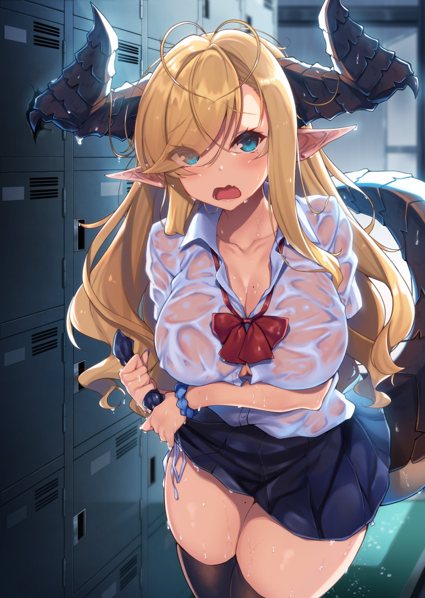 1girl absurdres antenna_hair bangs blonde_hair blue_eyes blue_skirt bow bowtie breasts cowboy_shot dragon_girl dragon_horns dragon_tail earrings eyebrows_visible_through_hair eyes_visible_through_hair hair_over_one_eye heart_antenna_hair highres horns indoors jewelry large_breasts locker long_hair looking_at_viewer mole mole_on_thigh no_bra open_mouth original panty_straps pointy_ears raiou red_bow red_bowtie scrunchie see-through shirt short_sleeves skirt solo standing tail thighhighs very_long_hair wet wet_clothes wet_shirt white_shirt wringing_clothes wrist_scrunchie