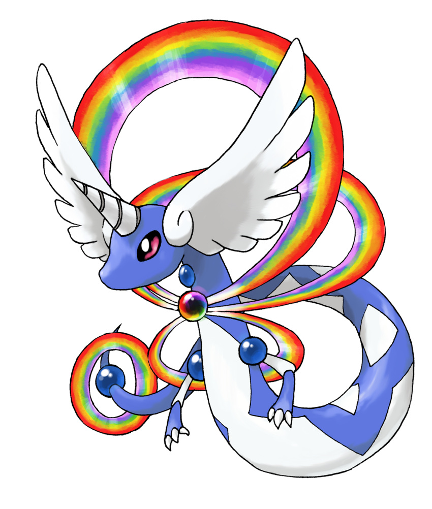 animal_focus claws commentary dragon dragonair english_commentary fakemon full_body gem head_wings highres hyshirey no_humans official_style pokemon pokemon_(creature) rainbow red_eyes solo transparent_background white_wings wings