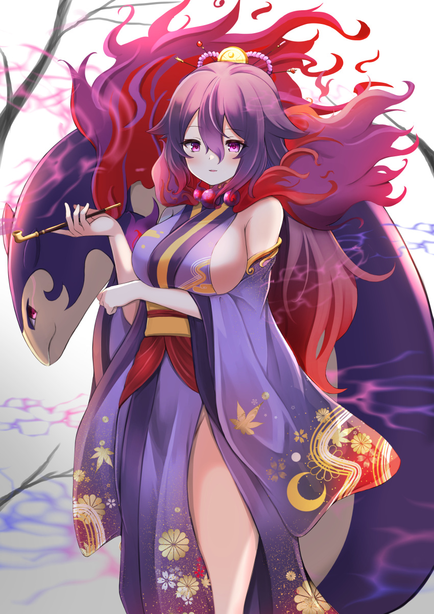 1girl absurdres bangs bare_shoulders breasts commentary_request copyright_request detached_sleeves eyebrows_visible_through_hair gradient_hair hair_between_eyes highres hisuian_typhlosion holding holding_pipe japanese_clothes kimono kiseru large_breasts long_hair long_sleeves looking_at_viewer multicolored_hair obi pipe pokemon pokemon_(creature) pokemon_(game) pokemon_legends:_arceus purple_eyes purple_hair purple_kimono purple_sleeves red_hair sash shibakame sideboob solo very_long_hair wide_sleeves