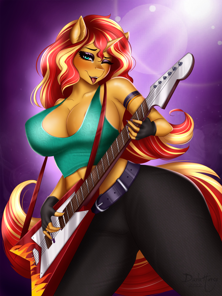 2022 absurd_res anthro ashimaroo belt blush clothed clothing digital_media_(artwork) electric_guitar equestria_girls equid equine eyebrows eyelashes female fingerless_gloves fingers gloves guitar handwear hasbro hi_res horn looking_at_viewer mammal musical_instrument my_little_pony one_eye_closed plucked_string_instrument solo string_instrument sunset_shimmer_(eg) tongue unicorn