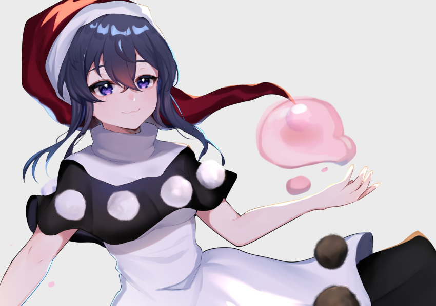 1girl :3 arm_up bangs black_capelet blob blue_eyes blush capelet closed_mouth commentary_request crossed_bangs dark_blue_hair doremy_sweet dream_soul dress eyelashes floating floating_object grey_background hair_between_eyes highres long_hair looking_to_the_side majime_joe night_cap pom_pom_(clothes) red_headwear shiny shiny_hair simple_background smile solo standing touhou white_dress