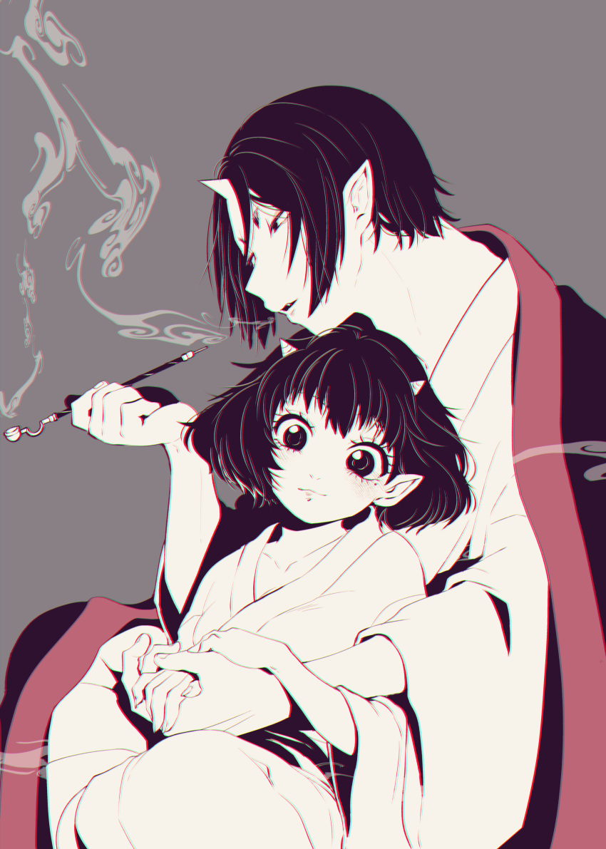 1boy 1girl absurdres black_hair highres hoicyo holding_hands hoozuki_(hoozuki_no_reitetsu) hoozuki_no_reitetsu japanese_clothes looking_to_the_side on_lap peach_maki pipe short_hair smoke smoking