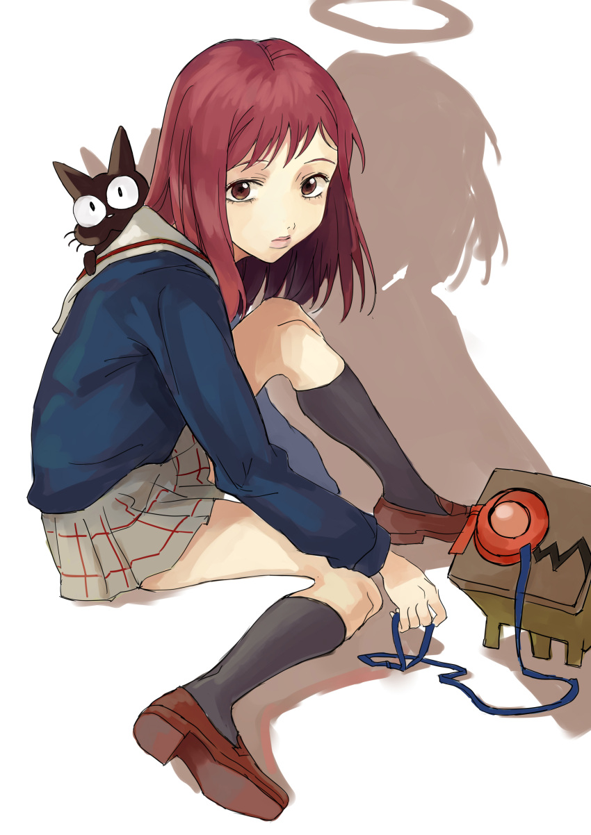 1girl absurdres black_legwear brown_eyes brown_footwear cat flcl full_body halo highres kneehighs lips long_sleeves looking_at_viewer mou_(piooooon) plaid plaid_skirt red_hair robot samejima_mamimi school_uniform serafuku shadow shoes short_hair sitting skirt solo