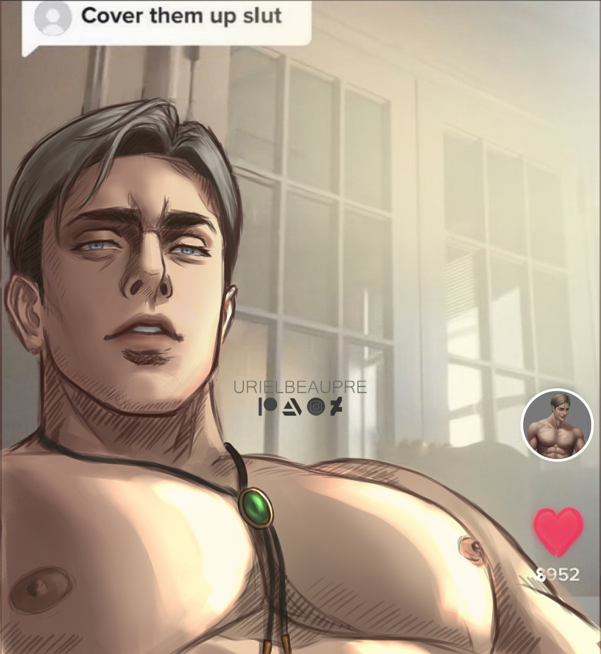 1boy absurdres artist_name bara blonde_hair blue_eyes cover_them_up_slut_(meme) dialogue_box erwin_smith heart highres jewelry large_pectorals looking_at_viewer male_focus meme muscular muscular_male necklace nipples parted_lips pectoral_focus pectorals shingeki_no_kyojin short_hair solo tiktok upper_body urielbeaupre15
