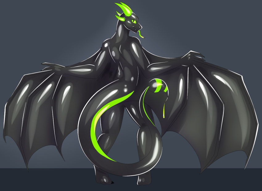 2022 ambiguous_gender anthro asp_the_wyvern black_body danilokumriolu digital_media_(artwork) digitigrade dragon fangs forked_tongue glistening glistening_body grey_background horn latex long_tail looking_at_viewer looking_back looking_back_at_viewer membrane_(anatomy) membranous_wings nude poison raised_tail rear_view rubber rubber_creature simple_background solo stinger stinger_tail tongue tongue_out venom winged_arms wings wyvern