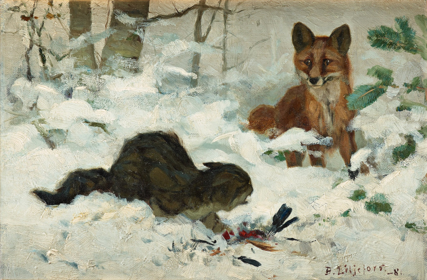 1881 19th_century ambiguous_gender ancient_art avian bird blood bodily_fluids brown_body brown_fur bruno_liljefors canid canine detailed_background domestic_cat duo feathers felid feline felis feral fox fur hi_res looking_at_another mammal nude oil_painting_(artwork) outside painting_(artwork) plant public_domain quadruped red_fox signature snow text traditional_media_(artwork) tree winter