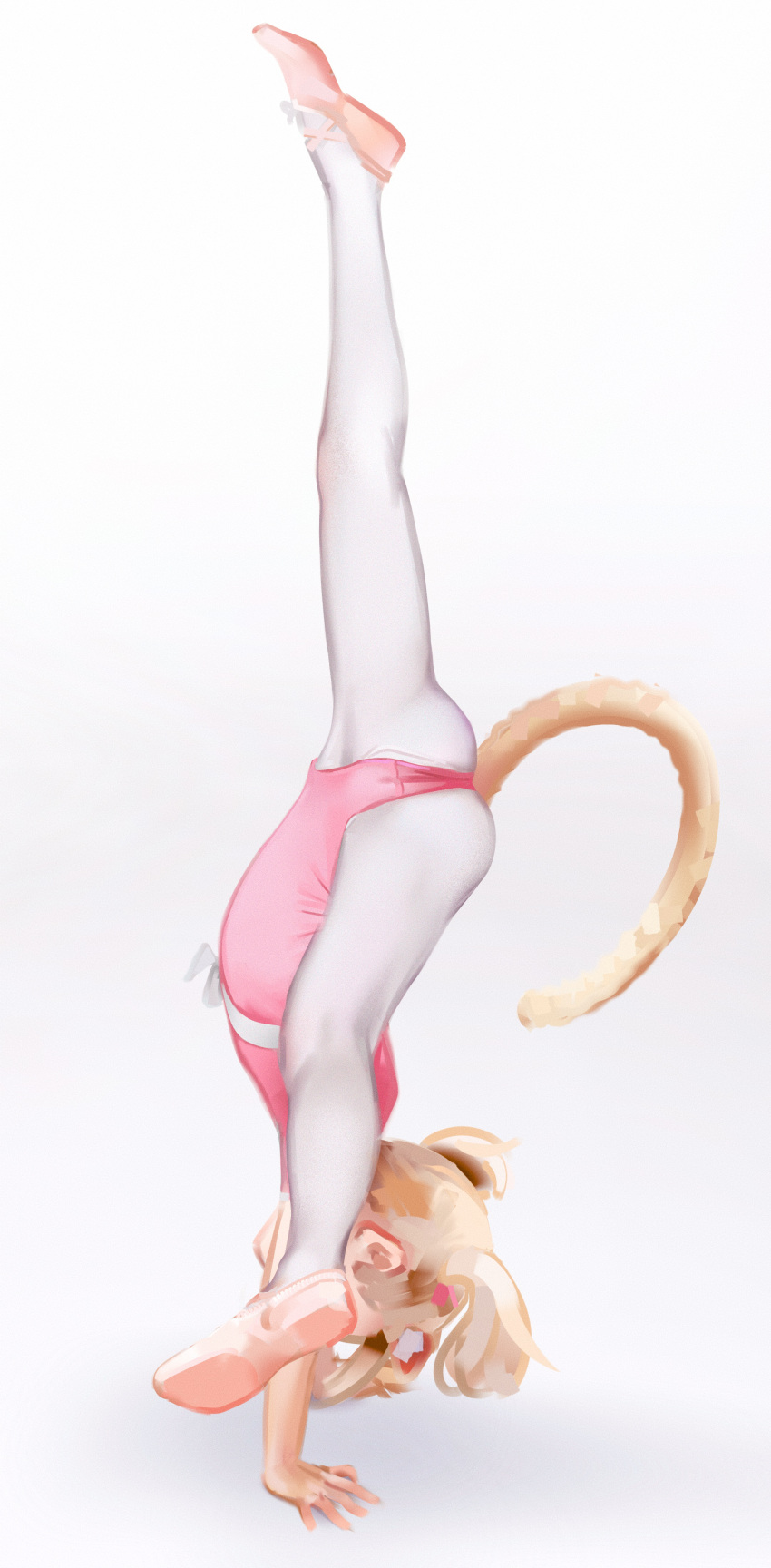 1girl absurdres animal_ear_fluff animal_ears ass athletic_leotard ballerina ballet ballet_slippers blonde_hair borrowed_character cameltoe cat_ears cat_girl cat_tail flexible full_body handstand highres legs legs_apart leotard long_hair original pantyhose parfait_(hawawa) pink_leotard ponytail short_sleeves simple_background solo split sweetonedollar tail thighs upside-down white_background white_legwear