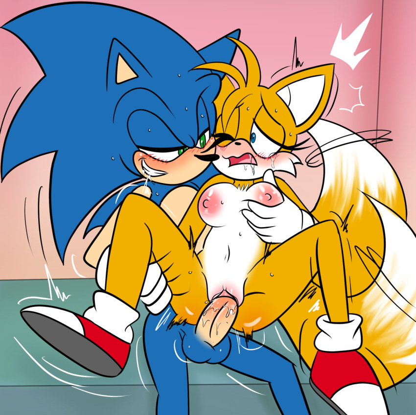 anthro balls blue_body blue_eyes bodily_fluids breast_grab breasts demichan duo eye_contact female genital_fluids genitals half-closed_eyes hand_on_breast hi_res looking_at_another male male/female miles_prower narrowed_eyes one_eye_closed penetration penis pussy_juice sega sex sonic_the_hedgehog sonic_the_hedgehog_(series) standing standing_sex vaginal vaginal_penetration yellow_body