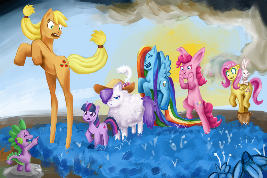 absurd_res alternate_species angel_(mlp) applejack_(mlp) blue_body clothing cutie_mark detailed_background dragon earth_pony equid equine face_squish female feral floating flower fluffy fluffy_pony fluttershy_(mlp) friendship_is_magic gesture group hair hat headgear headwear hi_res horn horse inspired_by_formal_art lagomorph laugh leporid long_hair long_legs male mammal my_little_pony on_hind_legs orange_body outside pegasus pink_body pinkie_pie_(mlp) plant pointing poison_joke pony purple_body rabbit rainbow_dash_(mlp) rarity_(mlp) rk-d spike_(mlp) squish standing surprise transformation twilight_sparkle_(mlp) unicorn white_body wings yellow_body