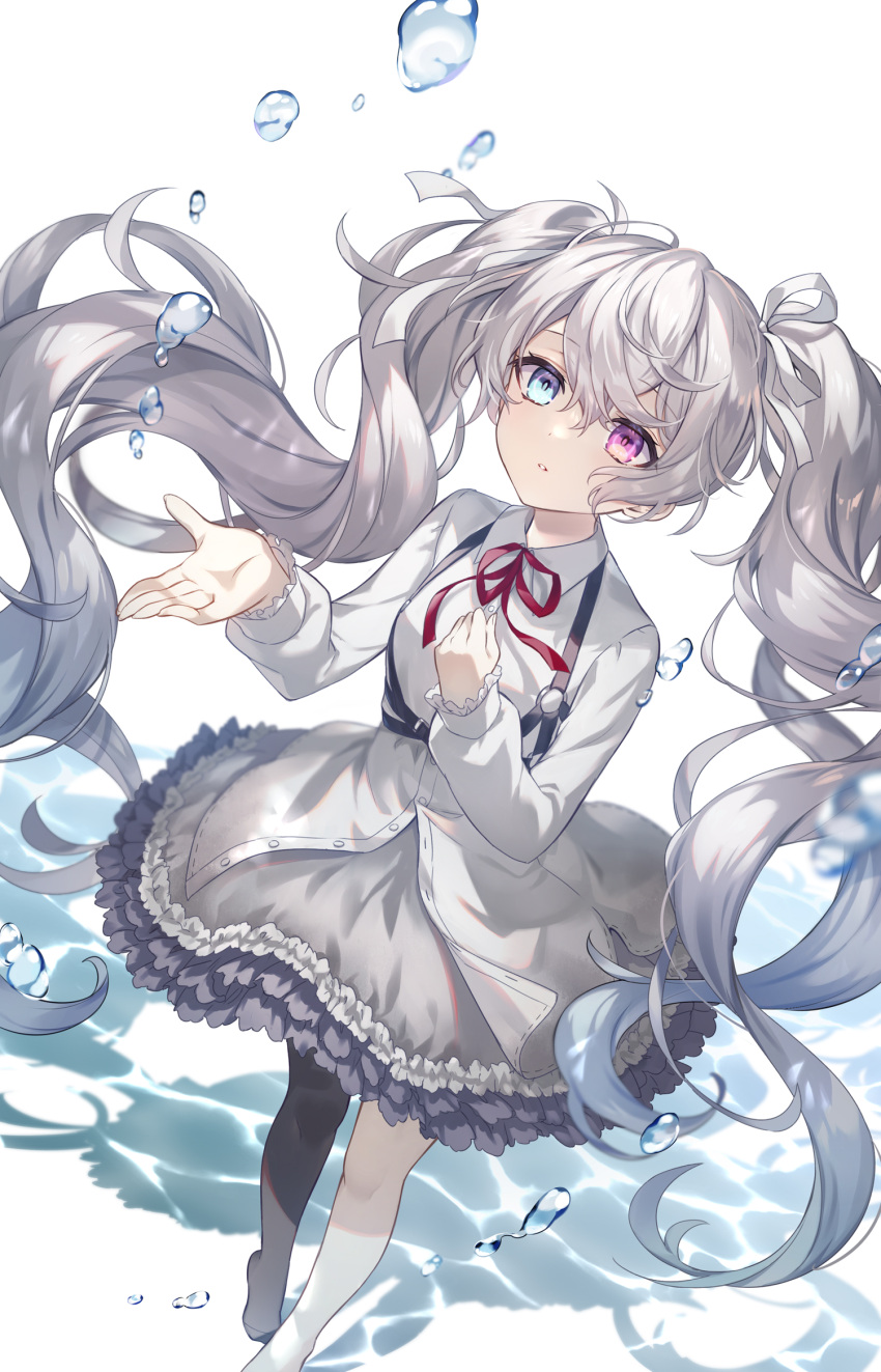 1girl bangs black_legwear blue_eyes bubble dress grey_hair hand_on_own_chest hatsune_miku heterochromia highres iku2727 long_hair long_sleeves project_sekai purple_eyes single_thighhigh solo thighhighs twintails very_long_hair vocaloid water white_dress