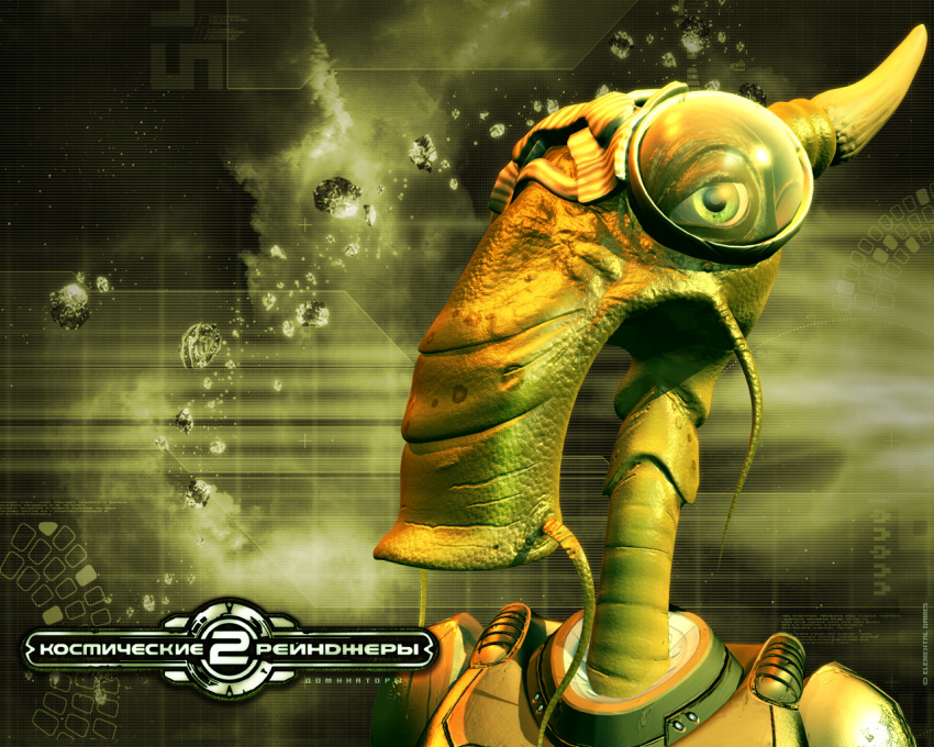 1c_company 5:4 alien ambiguous_gender amphibian asteroid clothed clothing elemental_games eyewear goggles green_body green_eyes green_skin green_theme horn katauri_interactive logo official_art peleng russian_text solo space space_rangers text unknown_artist video_games wallpaper