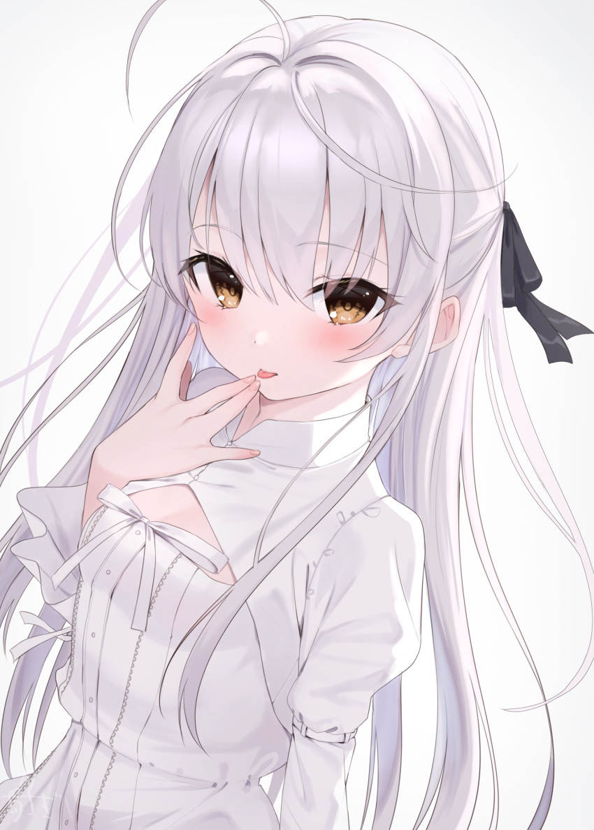 1girl ahoge bangs black_bow blush bow breasts brown_eyes closed_mouth commentary_request dress eyebrows_visible_through_hair grey_background grey_hair hair_between_eyes hair_bow hand_up highres juliet_sleeves kasugano_sora long_hair long_sleeves looking_at_viewer puffy_sleeves simple_background small_breasts solo tongue tongue_out tsukiman very_long_hair white_bow white_dress yosuga_no_sora