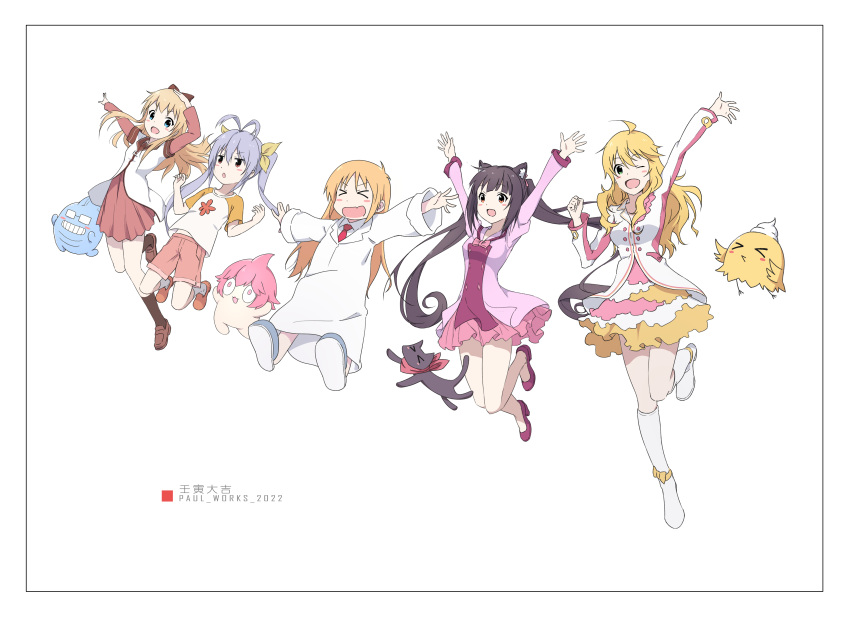 &gt;_&lt; 5girls absurdres ahoge animal_ears antenna_hair blonde_hair blue_eyes blush bow brown_eyes brown_hair cat_ears cat_tail chocola_(nekopara) green_eyes highres hoshii_miki idolmaster lonesome_street long_hair looking_at_viewer miyauchi_renge multiple_girls nanamori_school_uniform nekopara nichijou non_non_biyori open_mouth professor_shinonome purple_hair red_eyes ribbon sakamoto_(nichijou) school_uniform serafuku smile tail toshinou_kyouko twintails very_long_hair white_background yuru_yuri