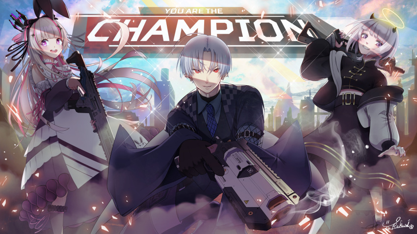 1boy 2girls akatsuki_luci animal_ears apex_legends b3_wingman black_jacket black_vest blue_necktie blue_shirt collared_shirt detached_sleeves dress fake_animal_ears grey_eyes grey_hair gun halo handgun highres holding holding_gun holding_weapon horns indie_virtual_youtuber jacket looking_at_viewer mikhail_cuervo multicolored_hair multiple_girls necktie pink_hair purple_eyes r-301_carbine revolver sewa_pyokora shirt smile smoke smoking_gun squatting streaked_hair submachine_gun vest virtual_youtuber volt_smg weapon white_dress yurakusai