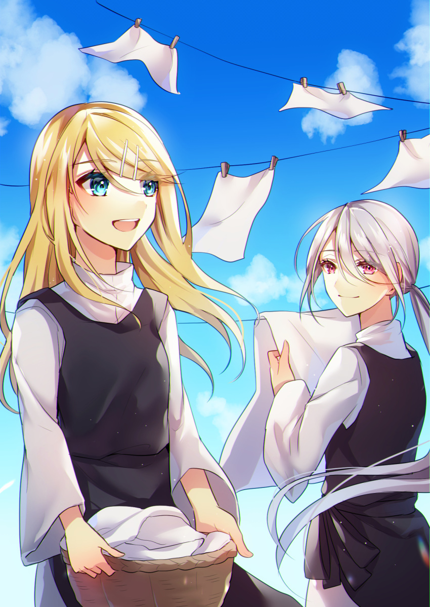 2girls :d aku_no_musume_(vocaloid) aryuma772 bangs basket blonde_hair blue_eyes blue_sky clarith closed_mouth cloud day evillious_nendaiki eyebrows_visible_through_hair floating_hair hair_between_eyes hair_down highres holding holding_basket kagamine_rin long_hair long_sleeves multiple_girls outdoors red_eyes riliane_lucifen_d'autriche shiny shiny_hair shiro_no_musume_(vocaloid) shirt sky smile straight_hair sweatdrop very_long_hair vocaloid white_shirt yowane_haku