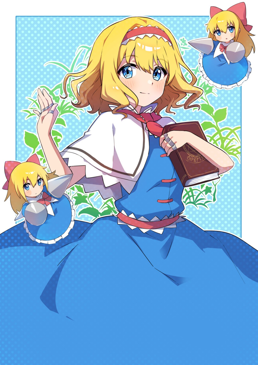 1girl :o alice_margatroid bangs black_footwear blonde_hair blue_dress blue_eyes blush blush_stickers bobby_socks book bow capelet closed_mouth doll doll_joints dotted_background dress eyelashes full_body grimoire_of_alice hair_bow hairband highres holding holding_book jewelry joints lance looking_at_viewer miz_(mizillustration) outside_border polearm red_bow red_hairband ring shanghai_doll shiny shiny_hair short_hair smile socks solo standing touhou weapon white_capelet