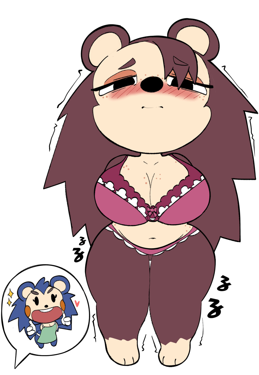 &lt;3 absurd_res animal_crossing anthro big_breasts blush bra breasts cleavage clothed clothing cutaway duo embarrassed eulipotyphlan female gesture hedgehog hi_res huge_breasts mabel_able mammal nintendo onibi open_mouth open_smile panties sable_able shaking simple_background smile thumbs_up trembling underwear video_games white_background