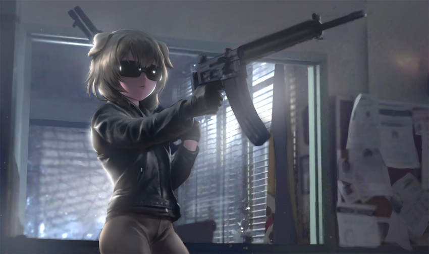 1girl animal_ears ar-18 assault_rifle bangs black_jacket blurry braid brown_hair brown_pants bulletin_board depth_of_field dog_ears dog_girl doorway dual_wielding gloves gun hair_between_eyes holding holding_weapon hololive indoors infi inugami_korone jacket leather leather_gloves leather_jacket long_hair low_twin_braids open_mouth pants pointing_weapon rifle shotgun solo spas-12 sunglasses terminator_(series) twin_braids virtual_youtuber weapon window