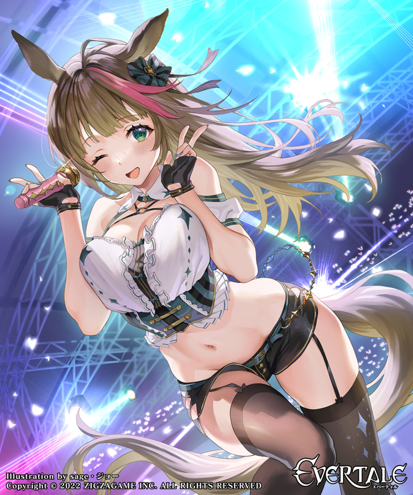 1girl :d animal_ears black_shorts blue_nails bow breasts brown_hair cleavage concert copyright_name cropped_shirt crowd double_v evertale fingernails garter_straps green_eyes hair_bow hands_up highres holding holding_microphone horse_ears horse_tail idol large_breasts logo looking_at_viewer microphone midriff multicolored_hair nail_polish navel official_art one_eye_closed sage_joh shirt short_shorts shorts smile solo standing streaked_hair tail thighhighs v white_shirt