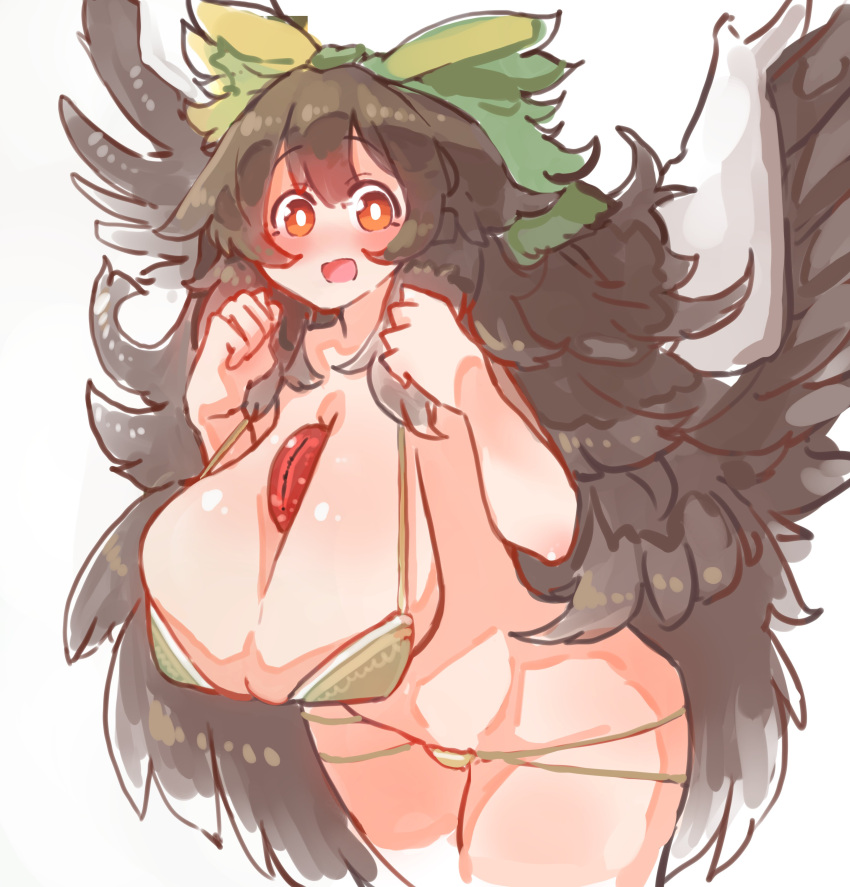 1girl :d absurdres alternate_costume bangs bare_shoulders bikini bird_wings black_hair blush bow breasts bright_pupils cape chest_jewel cowboy_shot daruia_(sabitare) eyebrows_visible_through_hair feathered_wings green_bikini green_bow hair_bow hands_up highres huge_breasts leaning_forward long_hair open_mouth red_eyes reiuji_utsuho simple_background smile solo swimsuit touhou very_long_hair white_background white_cape white_pupils wings