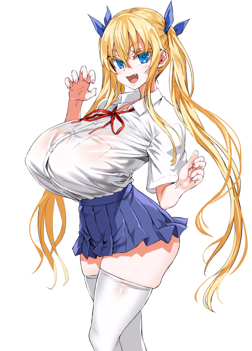 1girl asanagi blonde_hair blue_eyes blue_skirt breasts buttons duplicate fang hair_ribbon highres huge_breasts long_hair looking_at_viewer nail_polish neck_ribbon open_mouth original pixel-perfect_duplicate ribbon school_uniform shirt skindentation skirt smile solo tented_shirt thighhighs twintails very_long_hair white_legwear white_shirt