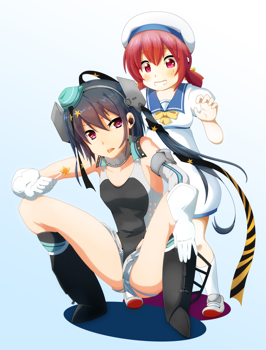 2girls absurdres aqua_headwear black_ribbon black_swimsuit blue_sailor_collar breasts candy competition_swimsuit dress food garrison_cap gloves grey_hair hair_ornament hair_ribbon hair_rings hat highleg highleg_swimsuit highres holding holding_candy holding_food kaiboukan_no._4_(kancolle) kantai_collection long_hair low_twintails mei_(heavensstyle) multiple_girls one-piece_swimsuit purple_eyes red_hair ribbon sailor_collar sailor_dress sailor_hat scamp_(kancolle) short_shorts shorts side_ponytail small_breasts spread_legs squatting standing star_(symbol) star_hair_ornament swimsuit twintails white_dress white_gloves white_headwear white_shorts