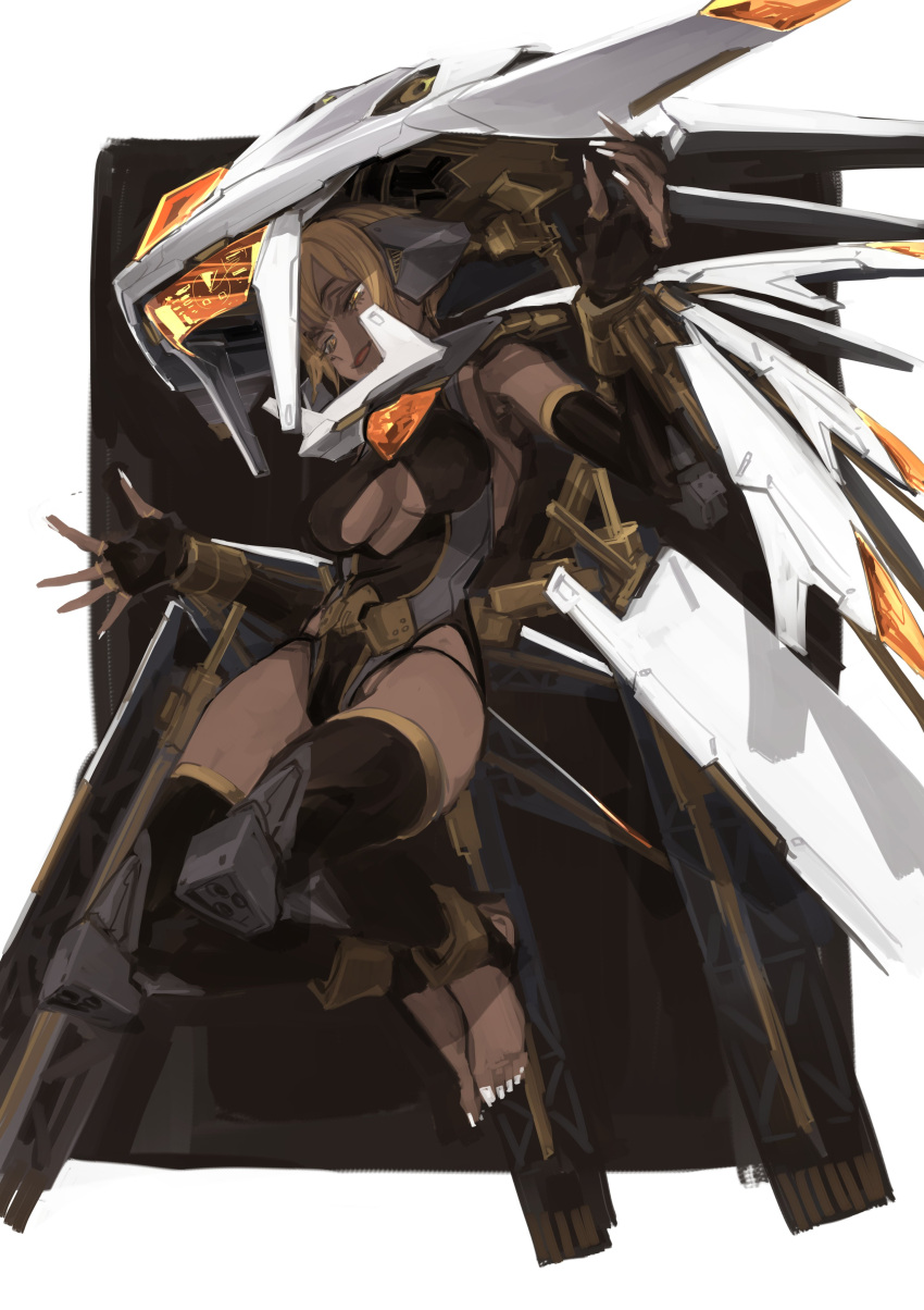 1girl absurdres black_gloves black_legwear blonde_hair border clothing_cutout dark-skinned_female dark_skin diamond_cutout elbow_gloves fingerless_gloves fingernails gloves half-closed_eyes highres holographic_interface holographic_monitor ikuhana_niiro long_fingernails long_tail long_toenails mecha_musume open_mouth original short_hair smile solo tail thighhighs toenails white_border white_nails