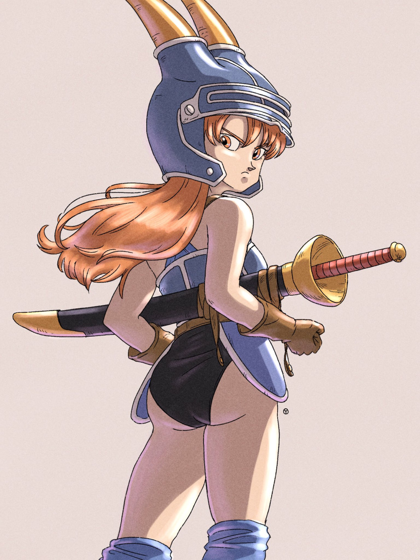 1girl armor ass bare_shoulders belt blue_armor brown_eyes brown_gloves brown_hair closed_mouth daisy_(dq) dragon_quest dragon_quest_yuusha_abel_densetsu fake_horns gloves helmet highres horned_helmet horns long_hair looking_at_viewer panties simple_background solo sword underwear weapon yuto_sakurai