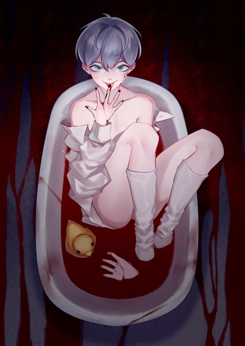 1boy absurdres arknights bath bath_of_blood bathing bathtub bishounen black_nails blood blood_on_face blood_splatter finger_to_mouth green_eyes highres licking licking_finger looking_at_viewer male_focus mephisto_(arknights) nail_polish open_clothes realsami rubber_duck severed_hand shirt short_hair solo thighhighs thighs white_hair white_shirt