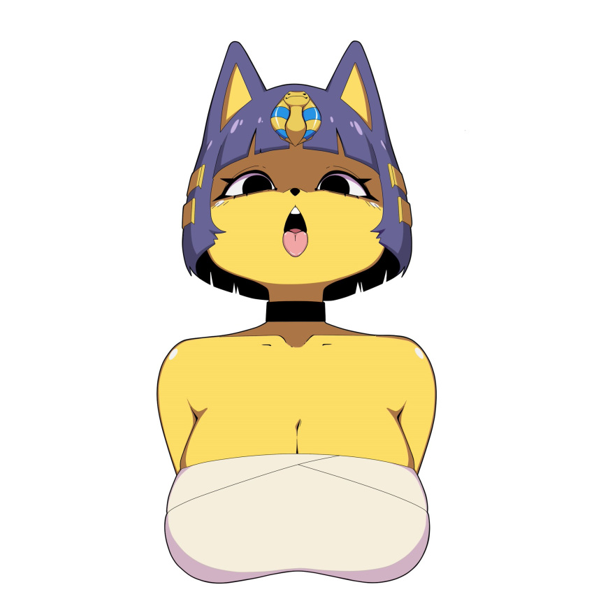 ahegao animal_crossing ankha_(animal_crossing) anthro big_breasts blue_hair breasts cleavage clothed clothing domestic_cat egyptian felid feline felis female hair hi_res looking_pleasured mammal nintendo potatoartox simple_background solo tongue tongue_out video_games white_background yellow_body