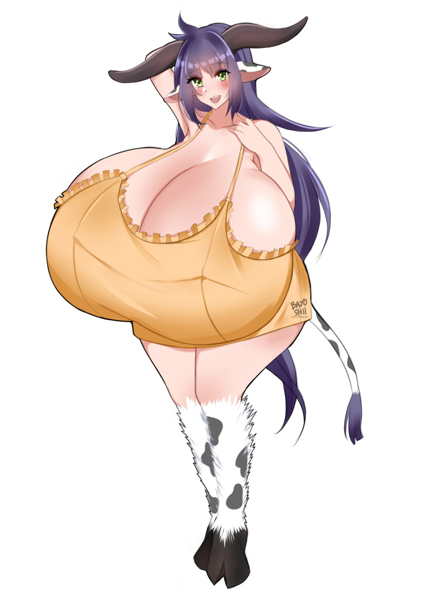 absurd_res animal_humanoid bayoshii big_breasts blush bovid bovid_humanoid bovine bovine_humanoid breasts cattle_humanoid cleavage clothed clothing female hi_res huge_breasts humanoid hyper hyper_breasts legwear looking_at_viewer mammal mammal_humanoid solo thick_thighs thigh_highs wide_hips