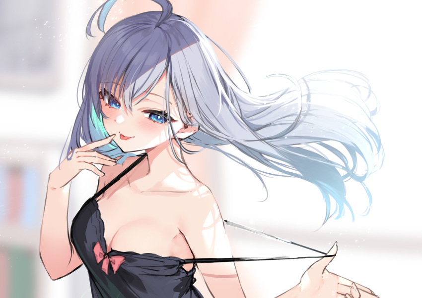 1girl bangs blue_eyes blurry blurry_background blush breasts cleavage hand_on_own_face long_hair looking_away mizuiro_raika original presenting_shoulder shadow small_breasts smile solo teasing tongue tongue_out upper_body white_hair