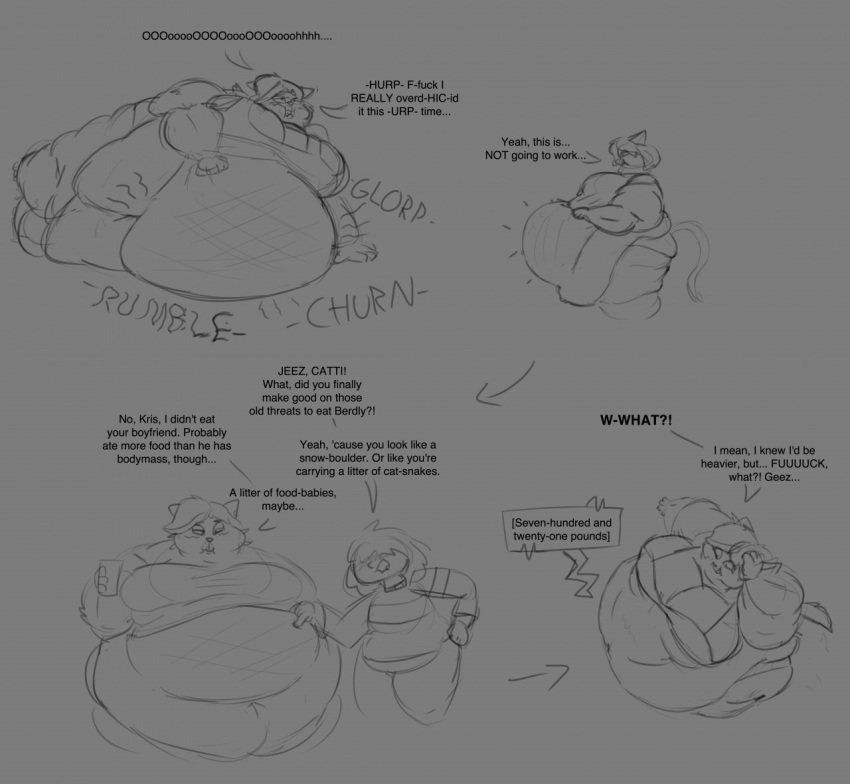 anthro belly big_belly big_breasts big_butt black_and_grey blush bottomwear bra breasts butt catti_(deltarune) chubby_cheeks cleavage clothed clothing deep_navel deltarune dewlap_(anatomy) dialogue domestic_cat double_chin duo dymdraws english_text felid feline felis female flabby_arms front_view hair hair_over_eyes high-angle_view huge_breasts huge_butt huge_thighs human kris_(deltarune) love_handles lying mammal measurements monochrome morbidly_obese morbidly_obese_anthro morbidly_obese_female navel obese obese_anthro obese_female on_side overweight overweight_anthro overweight_female panties pants rumbling_stomach shirt side_view stuffing text thick_thighs topwear undertale_(series) underwear video_games weighing_scale weight_gain whiskers