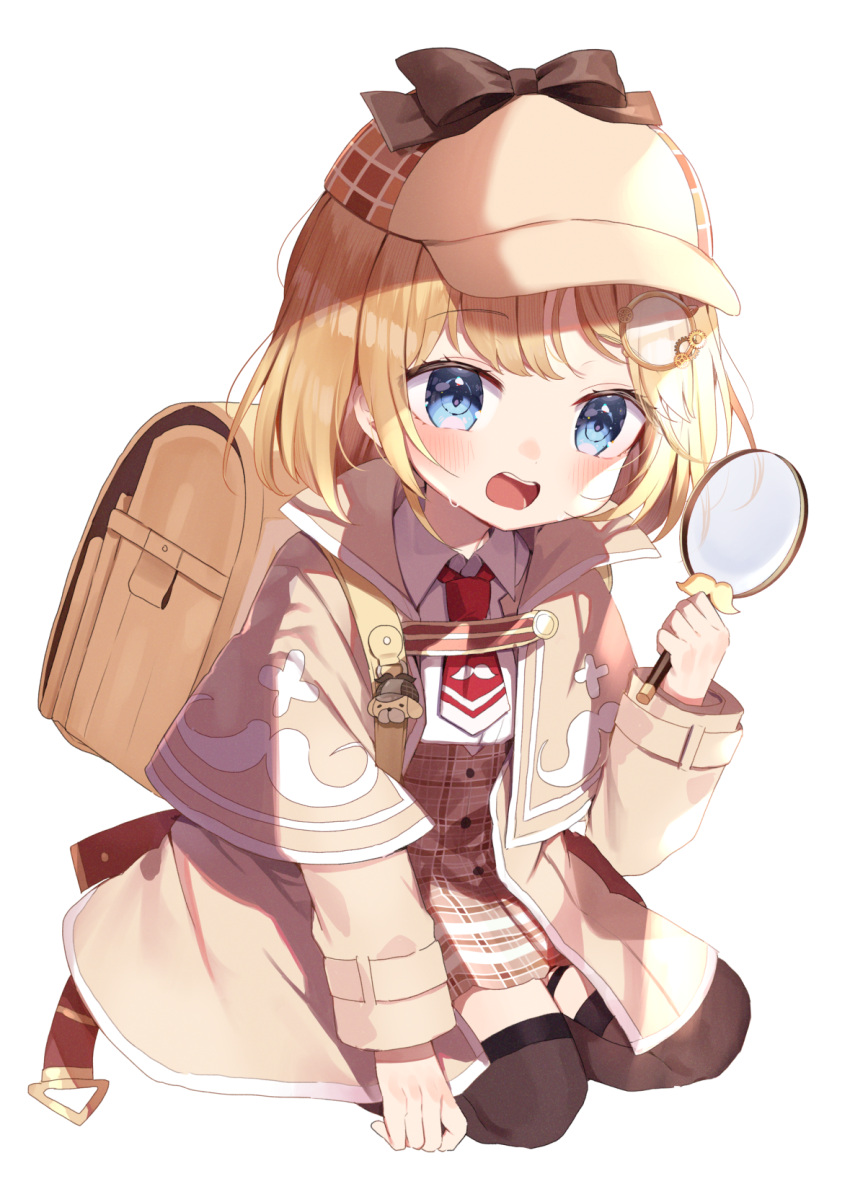 1girl :d backpack bag bangs blonde_hair blue_eyes blush brown_capelet brown_headwear brown_jacket brown_legwear brown_skirt capelet collared_shirt deerstalker eyebrows_visible_through_hair hat high-waist_skirt highres holding holding_magnifying_glass hololive hololive_english jacket long_sleeves looking_at_viewer magnifying_glass medium_hair necktie noi_mine open_clothes open_jacket plaid plaid_skirt red_necktie shirt skirt smile solo thighhighs virtual_youtuber watson_amelia white_shirt younger