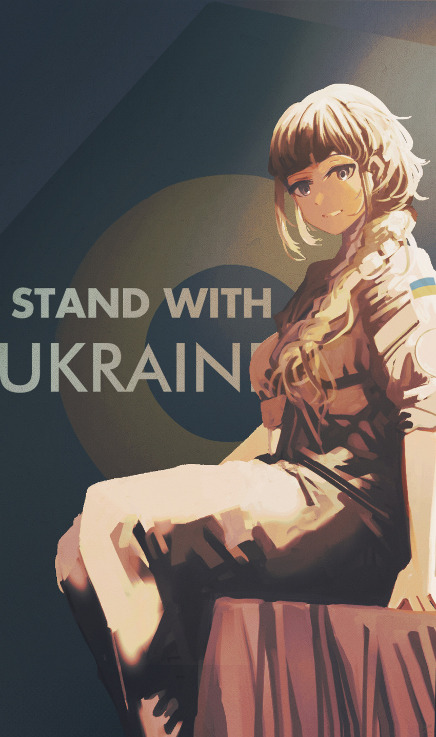 1girl blonde_hair blue_eyes braid braided_ponytail english_text highres kanoe_(kanoe502) military military_uniform original politics sitting smile solo ukraine ukrainian_flag uniform