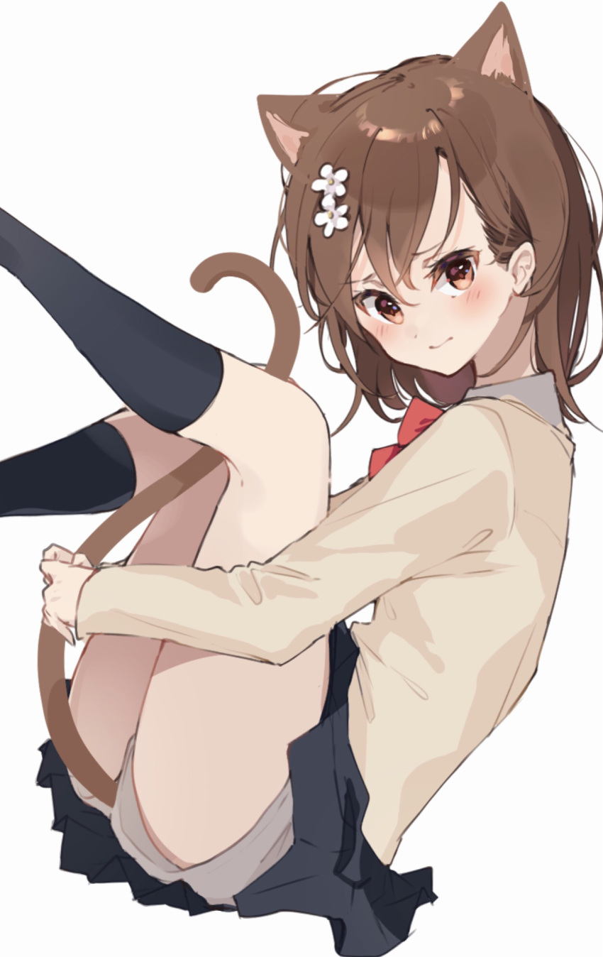 1girl animal_ear_fluff animal_ears arm_behind_leg beige_jacket between_legs black_legwear black_skirt blazer bow bowtie brown_eyes brown_hair brown_shorts cat_ears cat_tail commentary eyebrows flower hair_flower hair_ornament hairpin head_tilt highres himaneko. holding_legs jacket kneehighs legs legs_up looking_at_viewer medium_hair misaka_mikoto plaid plaid_skirt pleated_skirt red_bow red_bowtie school_uniform shorts shorts_under_skirt sitting skirt tail tail_between_legs toaru_kagaku_no_railgun toaru_majutsu_no_index tokiwadai_school_uniform upper_body