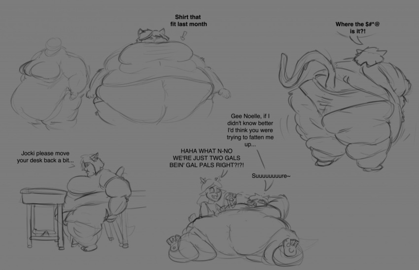 anthro anthro_on_anthro back_rolls belly belly_overhang big_belly big_breasts big_butt bottomwear breasts butt capreoline catti_(deltarune) cervid chubby_cheeks clothing deep_navel deltarune desk dewlap_(anatomy) dialogue domestic_cat double_chin duo dymdraws english_text feedism felid feline felis female female/female flabby_arms front_view furniture grin hair huge_breasts huge_butt huge_thighs leaning leaning_forward love_handles lying mammal morbidly_obese morbidly_obese_anthro morbidly_obese_female navel nervous noelle_holiday obese obese_anthro obese_female on_back overweight overweight_anthro overweight_female panties rear_view reindeer school_desk shorts side_view sitting smile standing table text thick_thighs undertale_(series) underwear video_games wide_hips