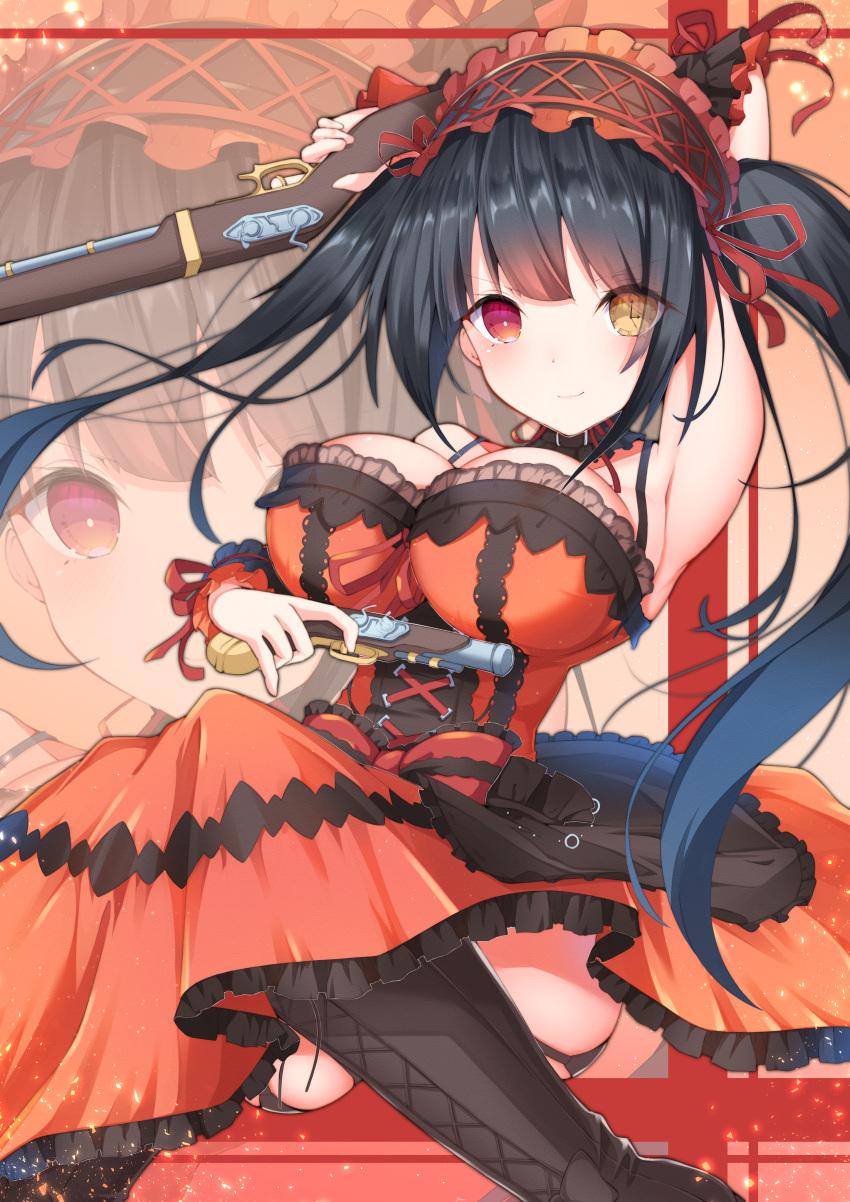 1girl absurdres arm_up armpits bangs black_footwear black_hair boots breasts cleavage clock_eyes closed_mouth cross-laced_clothes date_a_live dress gun hairband heterochromia highres holding holding_gun holding_weapon jam_(jamjam777) large_breasts lolita_fashion lolita_hairband long_hair looking_at_viewer orange_dress red_eyes sitting sleeveless sleeveless_dress smile solo symbol-shaped_pupils tokisaki_kurumi twintails weapon yellow_eyes zoom_layer