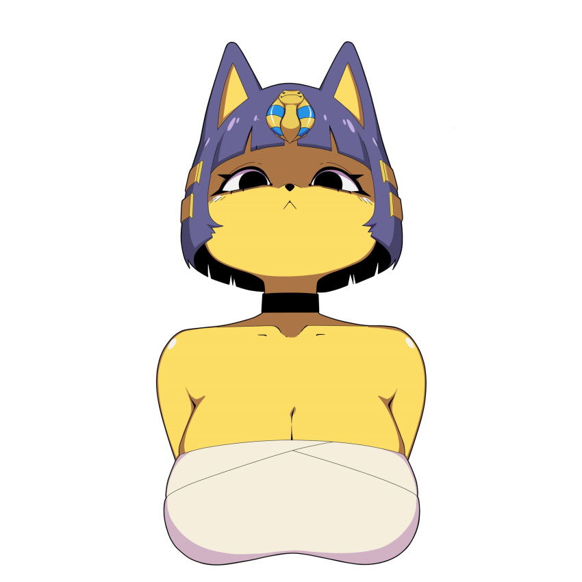 animal_crossing ankha_(animal_crossing) anthro big_breasts blue_hair breasts cleavage clothed clothing domestic_cat egyptian felid feline felis female hair hi_res mammal nintendo potatoartox simple_background solo video_games white_background yellow_body