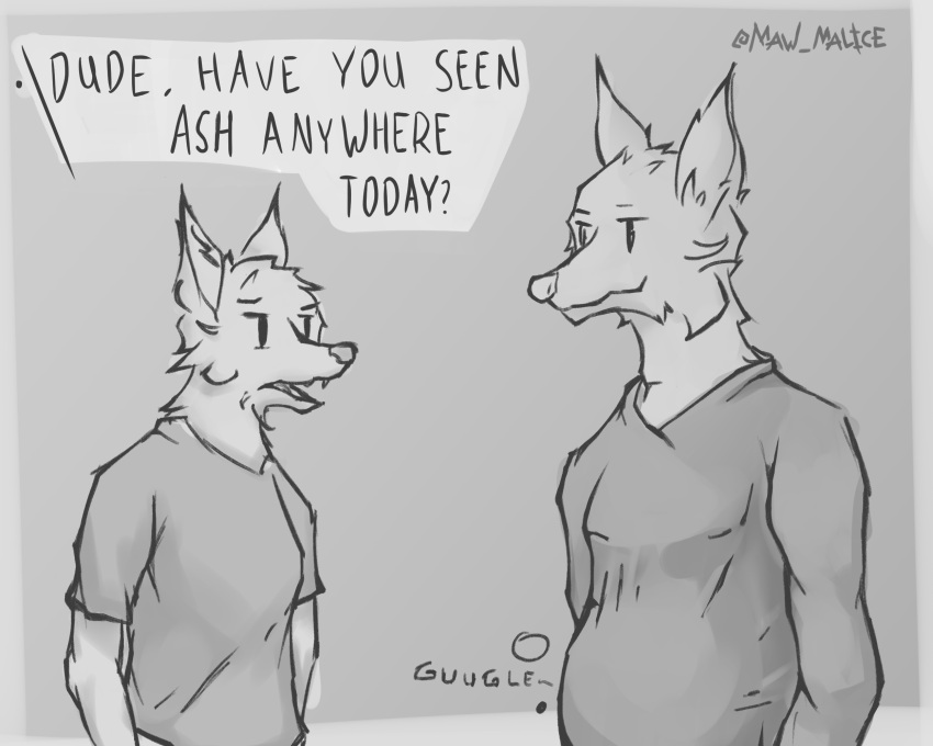 abdominal_bulge after_vore anthro belly biped bulge canid canine canis clothing comic duo fox greyscale hi_res male mammal maw-malice monochrome rumbling_stomach sound_effects tight_clothing vore wolf