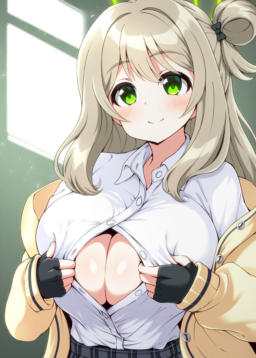 1girl bangs belt black_gloves blue_archive blush bow breasts brown_hair button_gap buttons cleavage closed_mouth collarbone collared_shirt dress_shirt eyebrows_visible_through_hair fingerless_gloves gloves green_eyes hair_bow hair_bun highres hiraga_daidai huge_breasts indoors large_breasts long_hair long_sleeves looking_at_viewer nonomi_(blue_archive) off_shoulder one_side_up open_clothes open_shirt paizuri_invitation partially_unbuttoned shirt skirt sleeves_past_wrists smile solo spread_cleavage unbuttoned unbuttoned_shirt underwear upper_body white_shirt