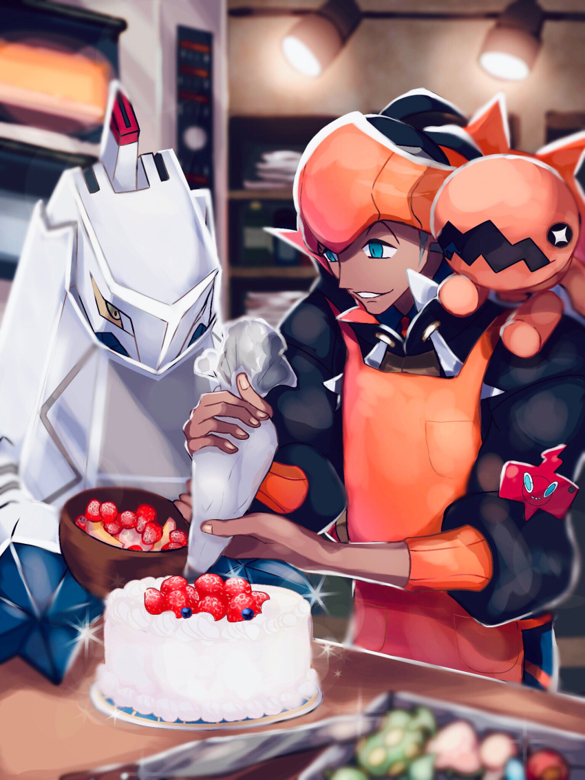 1boy apron black_hair black_hoodie blue_eyes blurry cake commentary_request dark-skinned_male dark_skin duraludon food fruit headband highres holding hood hoodie icing imu_(acmg3475) indoors light looking_down male_focus on_shoulder orange_apron orange_headband parted_lips pokemon pokemon_(creature) pokemon_(game) pokemon_on_shoulder pokemon_swsh raihan_(pokemon) rotom rotom_phone short_hair smile strawberry table trapinch undercut