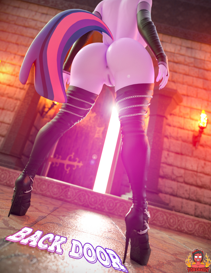 3d_(artwork) anus big_butt breasts butt clothing digital_media_(artwork) equid equine female fire forsaken_(artist) friendship_is_magic genitals hi_res high_heels legwear mammal my_little_pony pussy solo thigh_highs twilight_sparkle_(mlp)