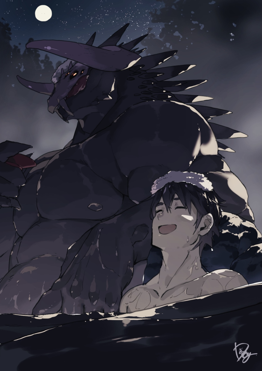 anthro black_body dera_kimidori dripping duo eyes_closed fangs hi_res holding_object horn hot_spring human licking licking_lips licking_own_lips male male/male mammal moon multi_eye muscular muscular_anthro muscular_male night nipples onsen open_mouth partially_submerged pecs sake_dish scalie self_lick sky spikes spikes_(anatomy) star starry_sky tongue tongue_out towel_on_head water wet