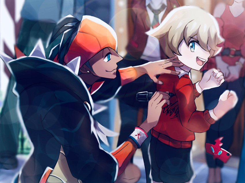 2girls 3boys :d beauty_(pokemon) black_hair black_hoodie black_shorts blue_eyes blurry clenched_hands closed_mouth collared_shirt commentary_request dark-skinned_male dark_skin day dynamax_band earrings fingernails hands_up headband highres holding holding_pen hood hoodie imu_(acmg3475) jewelry lass_(pokemon) lens_flare looking_back multiple_boys multiple_girls open_mouth orange_headband outdoors pen pokemon pokemon_(game) pokemon_swsh raihan_(pokemon) red_sweater rotom rotom_phone shirt short_hair shorts signature smile sweater teeth tongue undercut upper_teeth white_shirt writing youngster_(pokemon)