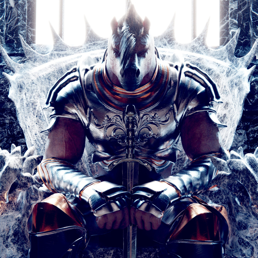 1:1 2022 3d_(artwork) 5_fingers absurd_res anthro armor arms_on_legs biped chair clothed clothing detailed digital_media_(artwork) ears_up equid equine eupharrow eyes_closed facial_markings fingers front_view fully_clothed fur furniture gauntlets glistening glistening_body glistening_fur gloves hands_together handwear head_markings hi_res horse knight light lighting looking_at_viewer male mammal mane markings melee_weapon photorealism reflection shaded sitting solo sword throne vein warrior weapon