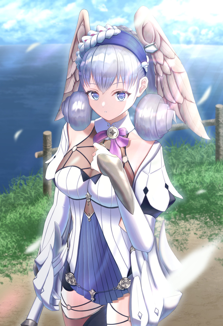 1girl absurdres blue_eyes braid breasts crown_braid dress head_wings highres juliet_sleeves lake long_sleeves medium_breasts melia_antiqua o-ring okazu2010015 puffy_sleeves short_dress silver_hair solo thighhighs water white_dress xenoblade_chronicles xenoblade_chronicles:_future_connected xenoblade_chronicles_(series)