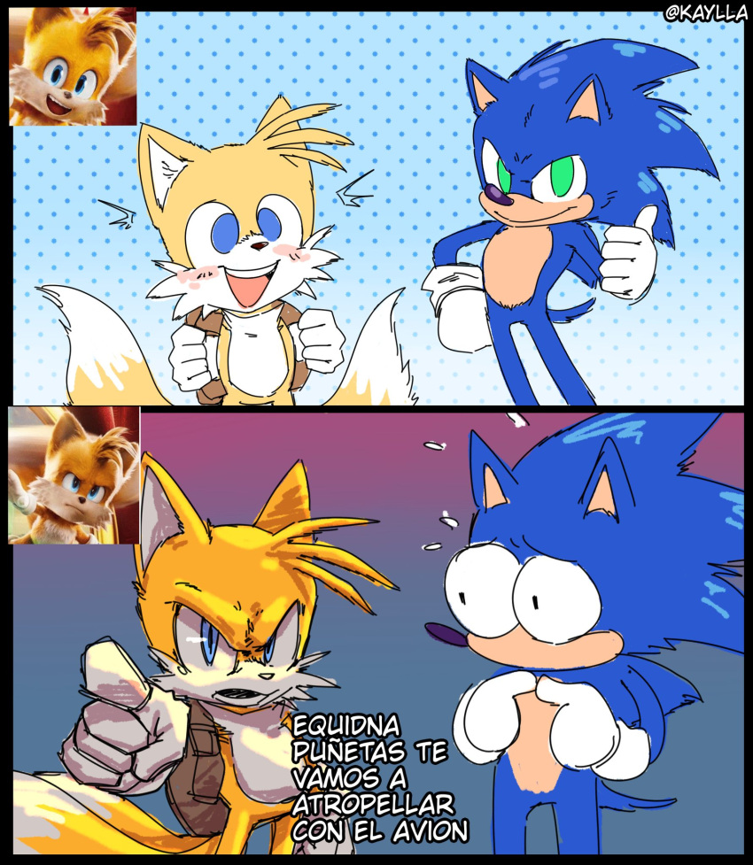 2022 5_fingers anthro artist_name blue_body blue_eyes blue_fur canid canine clothing duo eulipotyphlan fingers fox fur gloves green_eyes handwear hedgehog hi_res kayllacat looking_at_viewer male mammal miles_prower partially_translated sega simple_background sonic_the_hedgehog sonic_the_hedgehog_(film) sonic_the_hedgehog_(series) spanish_text text translation_request yellow_body yellow_fur