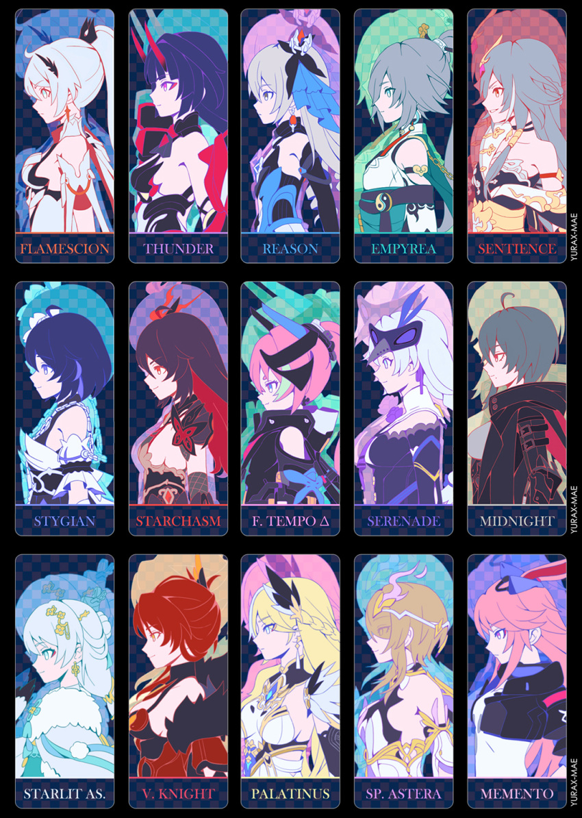 6+girls animal_ears armor bare_shoulders bianka_durandal_ataegina bianka_durandal_ataegina_(palatinus_equinox) black_background bronya_zaychik bronya_zaychik_(herrscher_of_reason) china_dress chinese_clothes closed_mouth crown dress dual_persona earrings fox_ears fu_hua fu_hua_(azure_empyrea) fu_hua_(herrscher_of_sentience) highres honkai_(series) honkai_impact_3rd horns japanese_armor jewelry kallen_kaslana kallen_kaslana_(sixth_serenade) kiana_kaslana kiana_kaslana_(herrscher_of_flamescion) long_hair mask multiple_girls murata_himeko murata_himeko_(vermillion_knight) pink_hair ponytail raiden_mei raiden_mei_(herrscher_of_thunder) raven_(honkai_impact_3rd) rita_rossweisse rita_rossweisse_(spina_astera) rozaliya_olenyeva rozaliya_olenyeva_(fervent_tempo) seele_(alter_ego) seele_vollerei seele_vollerei_(starchasm_nyx) seele_vollerei_(stygian_nymph) short_hair smile theresa_apocalypse theresa_apocalypse_(starlit_astrologos) yae_sakura yae_sakura_(goushinnso_memento) yurax-mae zhuge_kongming_(honkai_impact)